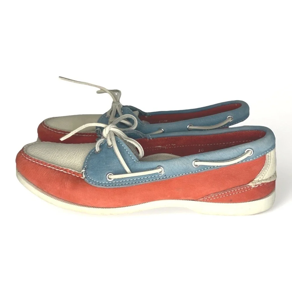 Cole Haan Mens Boat Shoes Size 10 M Red White Blue Leather Lace Up Deck Loafers